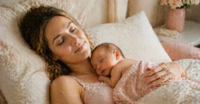Jeune mère allongée dans un lit confortable, son nouveau-né posé doucement sur sa poitrine