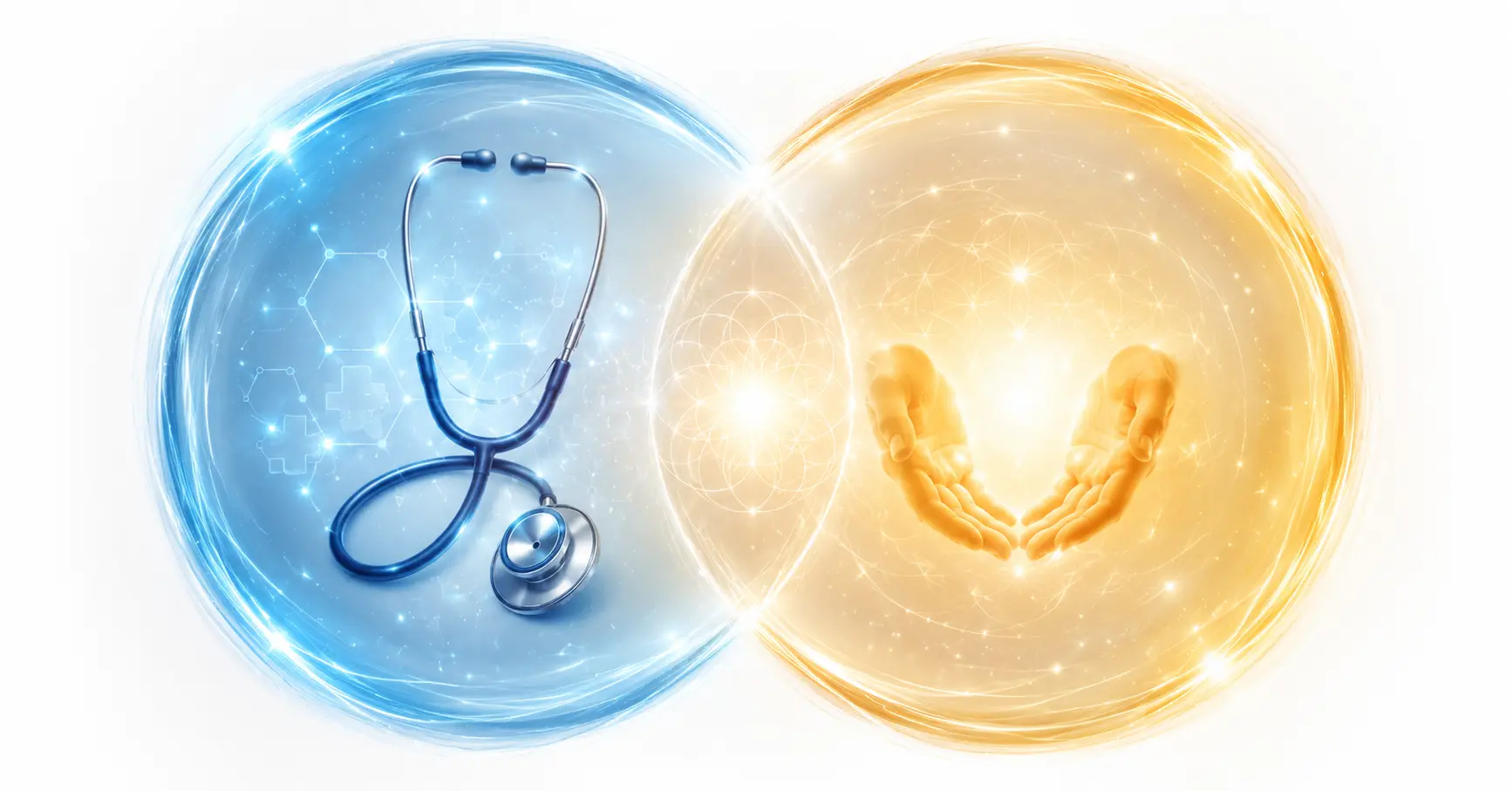 Deux cercles lumineux qui se chevauchent, l'un bleu pour la médecine conventionnelle, l'autre doré pour les soins énergétiques, formant une zone d'intersection harmonieuse
