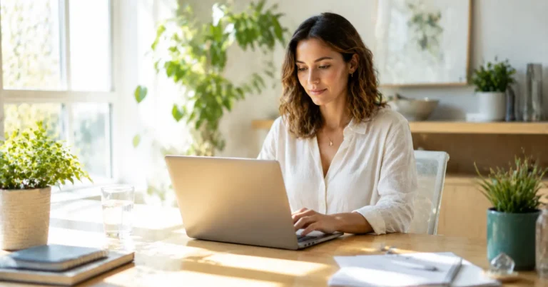 Personne adulte concentrée et pleine de vitalité à un bureau lumineux, entourée d'une plante, d'un carnet et d'un verre d'eau