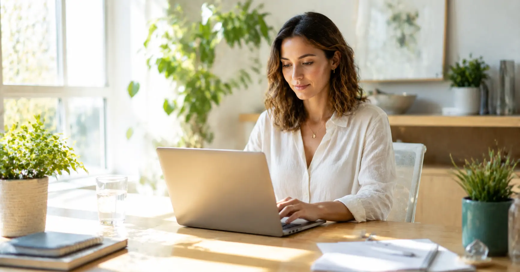 Personne adulte concentrée et pleine de vitalité à un bureau lumineux, entourée d'une plante, d'un carnet et d'un verre d'eau