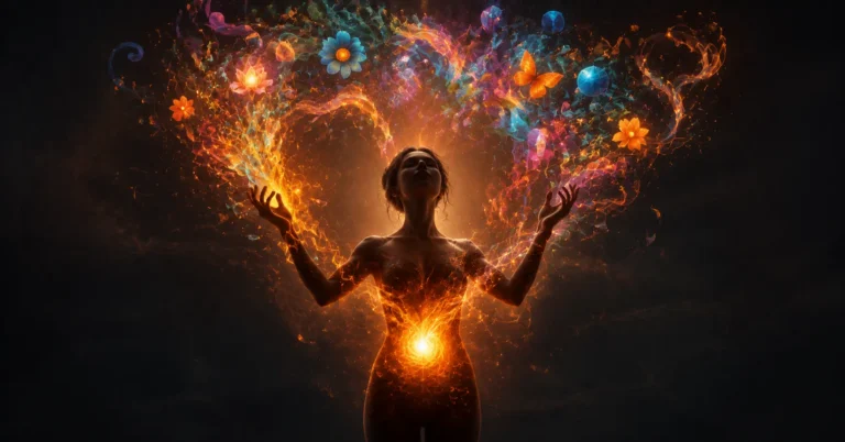 Silhouette dont le chakra sacré émet une lumière orange se transformant en formes créatives colorées montant vers les mains