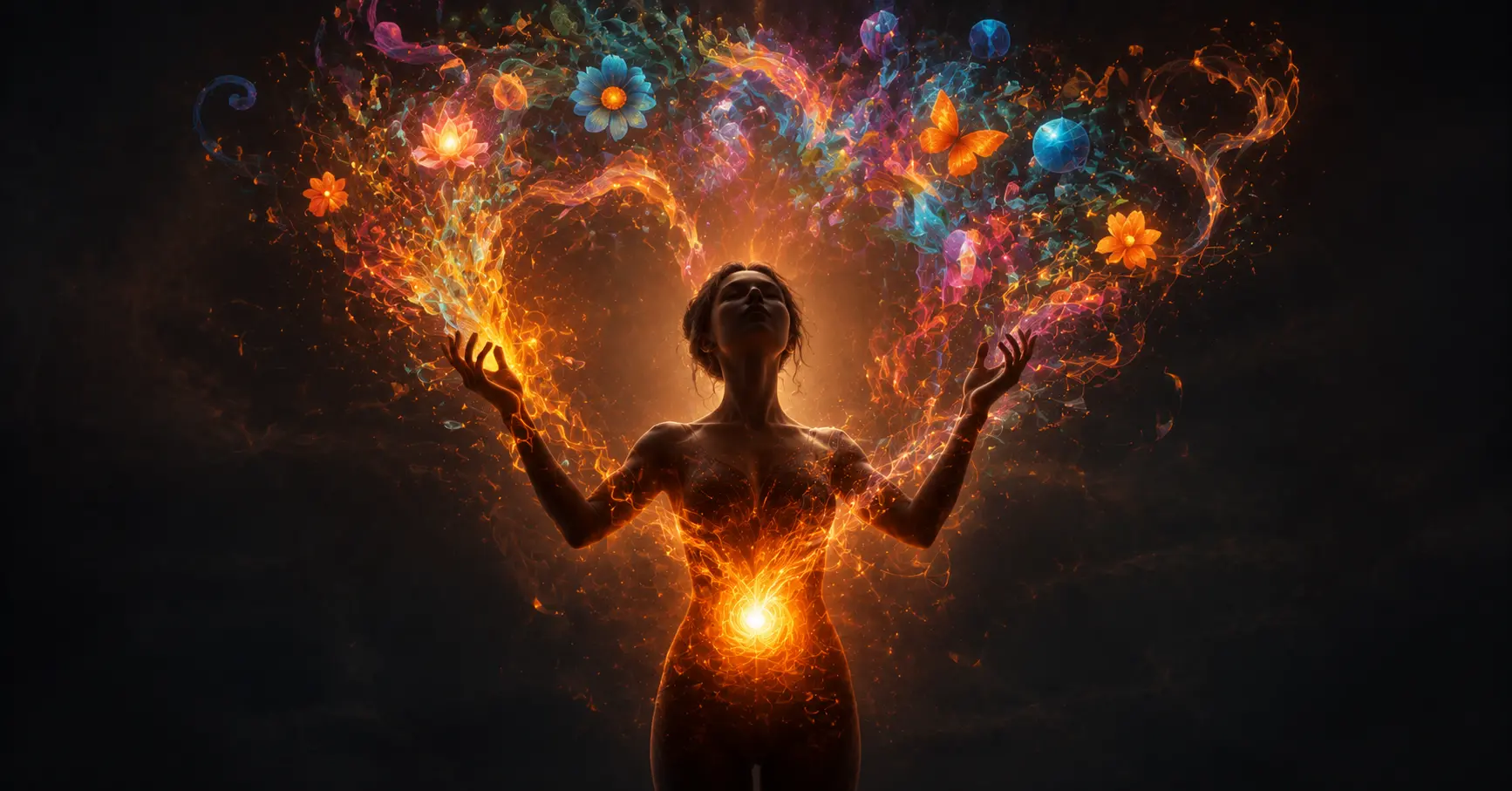 Silhouette dont le chakra sacré émet une lumière orange se transformant en formes créatives colorées montant vers les mains