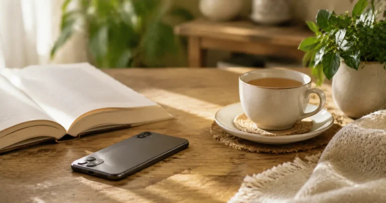 Téléphone posé face vers le bas sur une table en bois à côté d'un livre ouvert, d'une tasse de thé et d'une petite plante verte