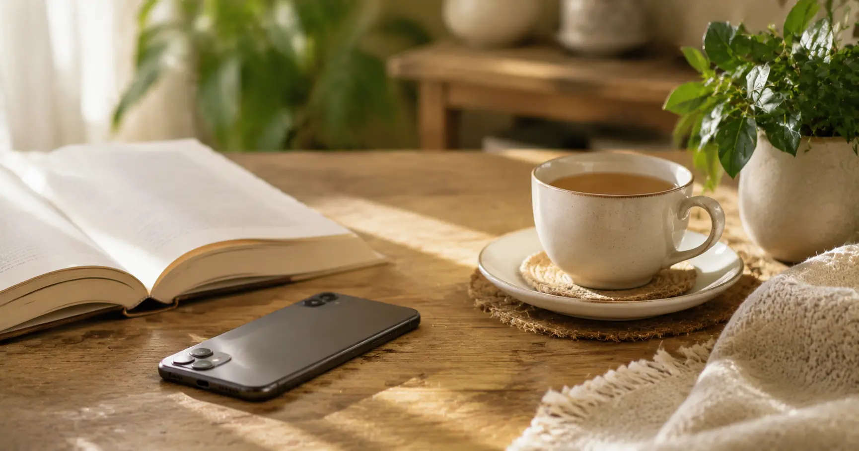 Téléphone posé face vers le bas sur une table en bois à côté d'un livre ouvert, d'une tasse de thé et d'une petite plante verte