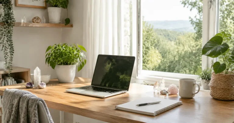 Espace de télétravail à domicile lumineux et épuré avec bureau propre, plante verte et cristaux discrets