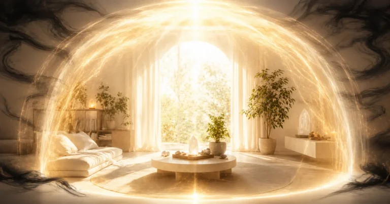Intérieur paisible baigné de lumière blanche et dorée protectrice, quelques formes d'énergie sombre tenues à distance en périphérie