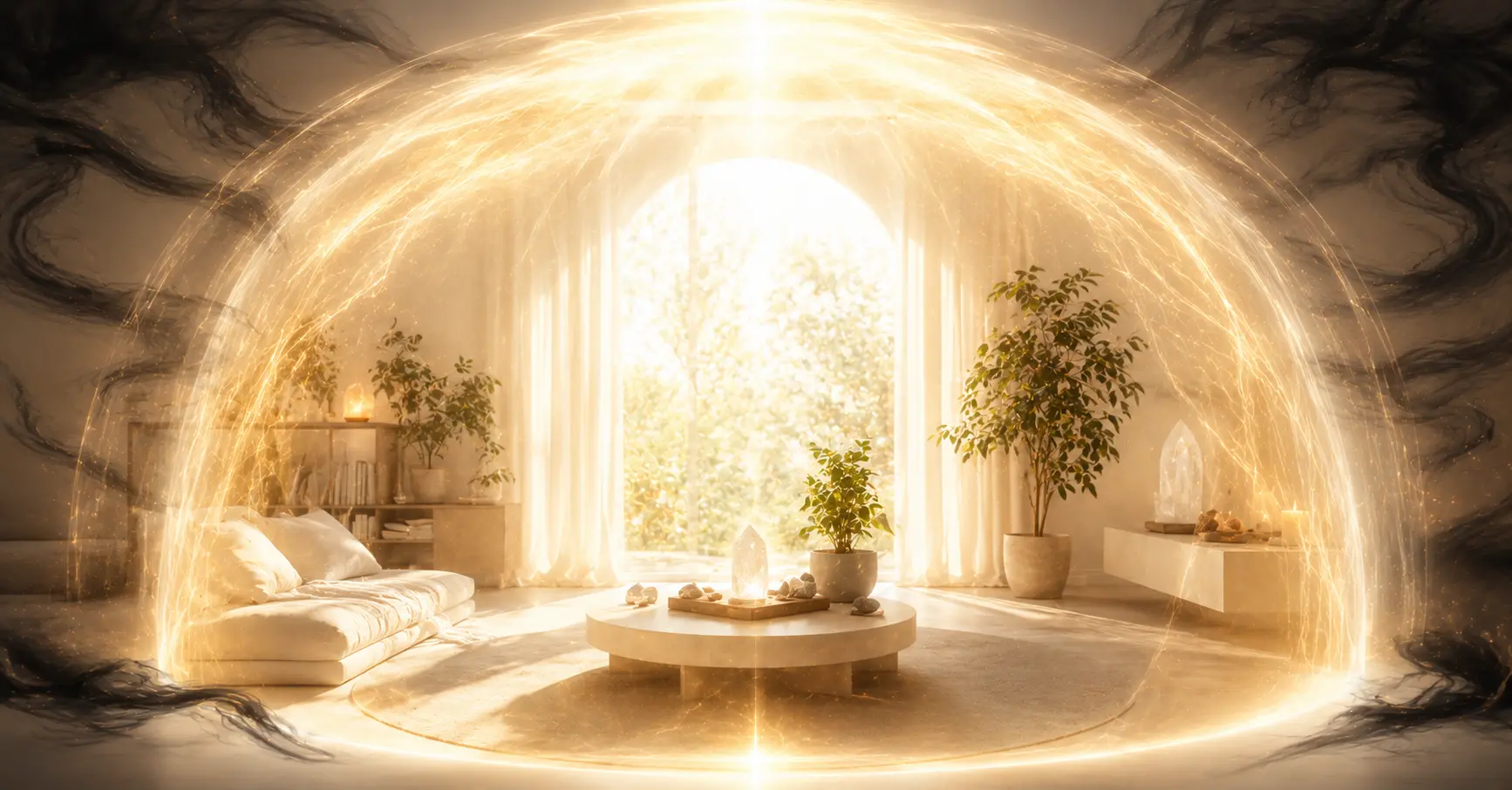 Intérieur paisible baigné de lumière blanche et dorée protectrice, quelques formes d'énergie sombre tenues à distance en périphérie