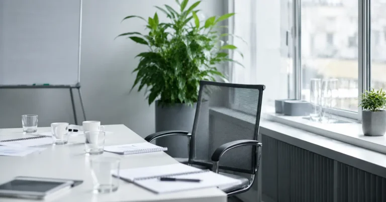 Bureau lumineux et épuré avec une chaise vide après une réunion et une plante verte évoquant le ressourcement