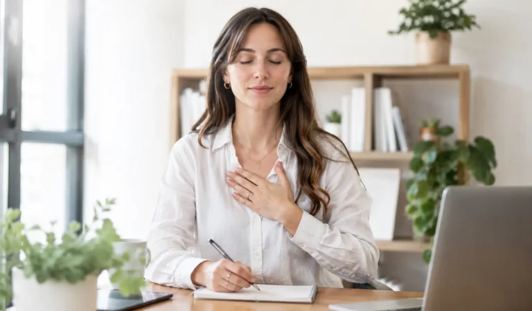 Personne professionnelle en pause réflexive à un bureau lumineux, une main sur le cœur, dans une écoute intérieure
