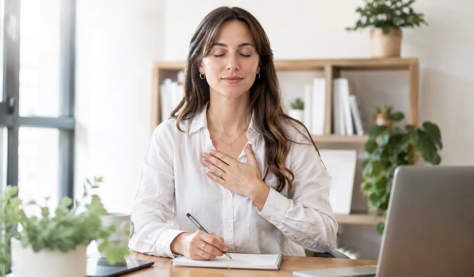 Personne professionnelle en pause réflexive à un bureau lumineux, une main sur le cœur, dans une écoute intérieure