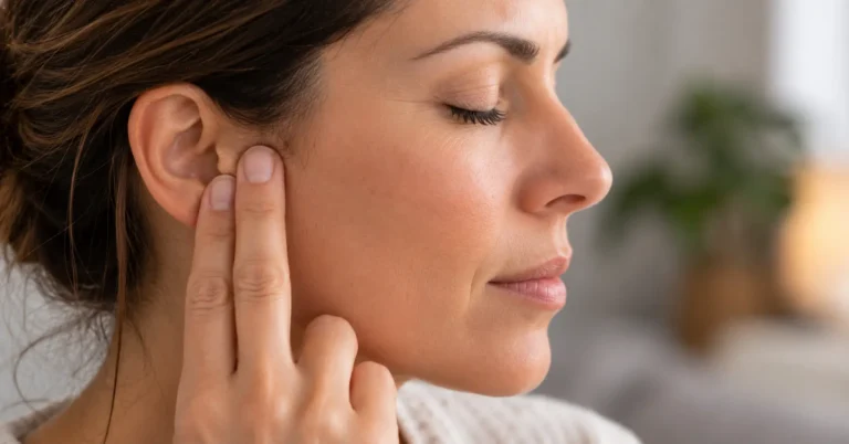 Profil d'un visage aux yeux fermés, deux doigts exerçant une pression douce juste devant le tragus, à l'emplacement des points d'acupression de l'oreille