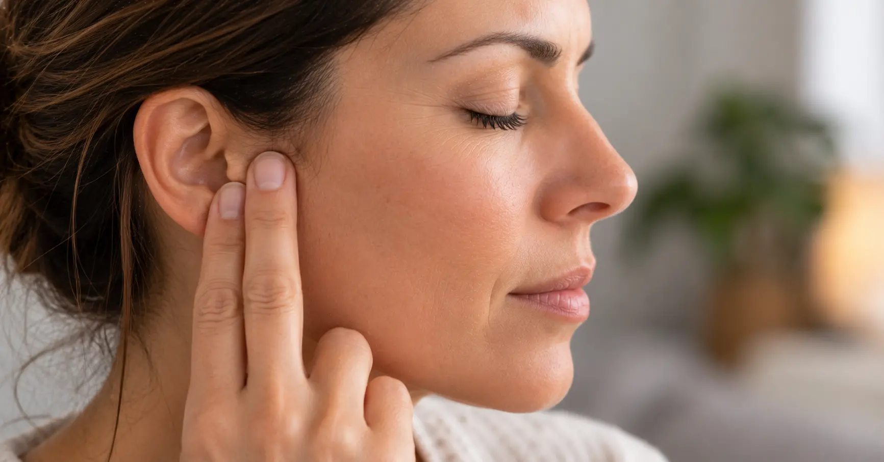 Profil d'un visage aux yeux fermés, deux doigts exerçant une pression douce juste devant le tragus, à l'emplacement des points d'acupression de l'oreille
