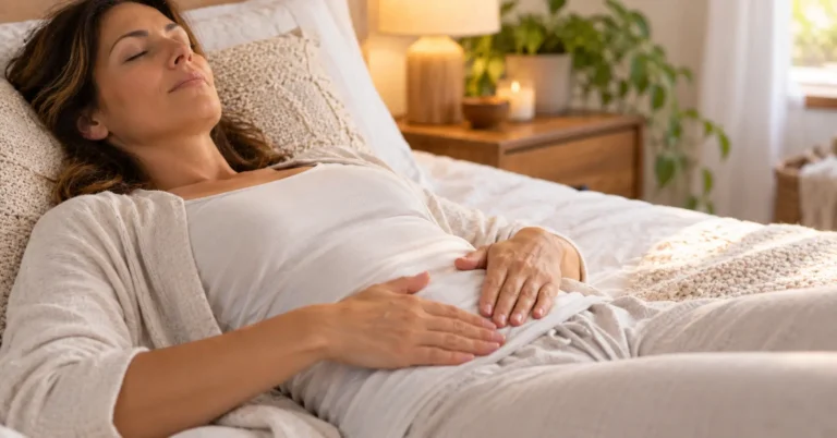Femme allongée sur le dos, yeux fermés, les deux mains posées à plat sur le bas-ventre pour un massage abdominal lent dans le sens du côlon