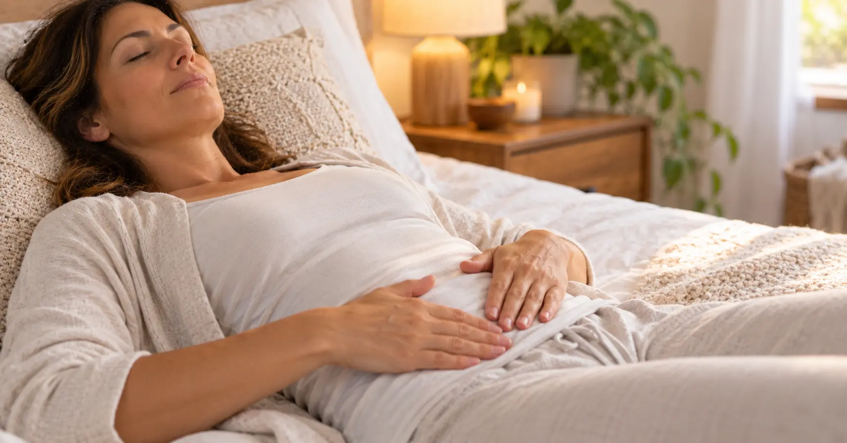 Femme allongée sur le dos, yeux fermés, les deux mains posées à plat sur le bas-ventre pour un massage abdominal lent dans le sens du côlon
