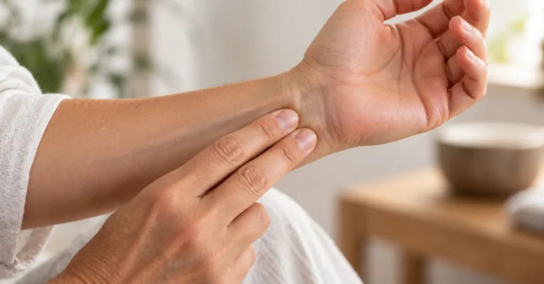 Gros plan d'un poignet paume vers le haut, deux doigts exerçant une pression sur le point d'acupression P6, entre les tendons, au-dessus du pli du poignet