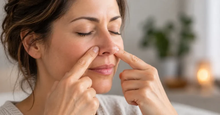 Femme aux yeux fermés pressant du bout des deux index les points d'acupression situés de part et d'autre des ailes du nez, pour dégager un nez bouché