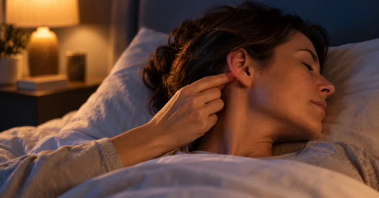 Femme allongée dans son lit, yeux fermés, pressant du bout des doigts un point d'acupression situé derrière l'oreille à la lumière d'une lampe de chevet