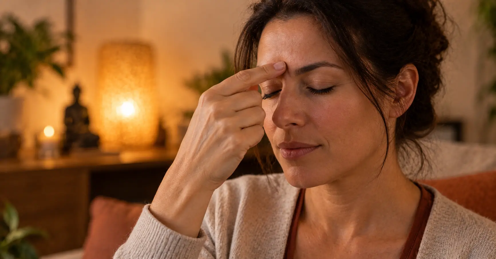 Femme assise, yeux fermés, exerçant une pression du bout de l'index sur le point d'acupression Yintang situé entre les sourcils, dans un intérieur à lumière chaude