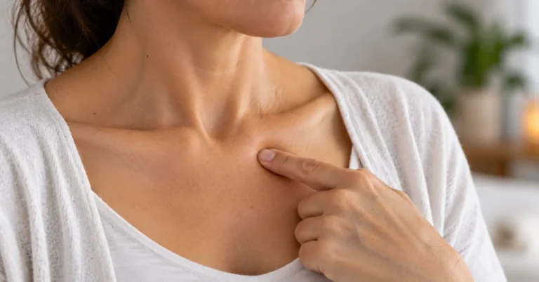 Gros plan du haut du thorax d'une femme, index posé dans le creux situé sous la clavicule, à l'emplacement du point d'acupression 1P employé contre la toux