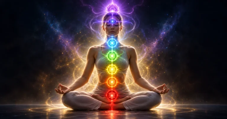 Femme assise en méditation, les sept chakras figurés en couleurs le long de l'axe du corps, du rouge à la base au violet au sommet du crâne