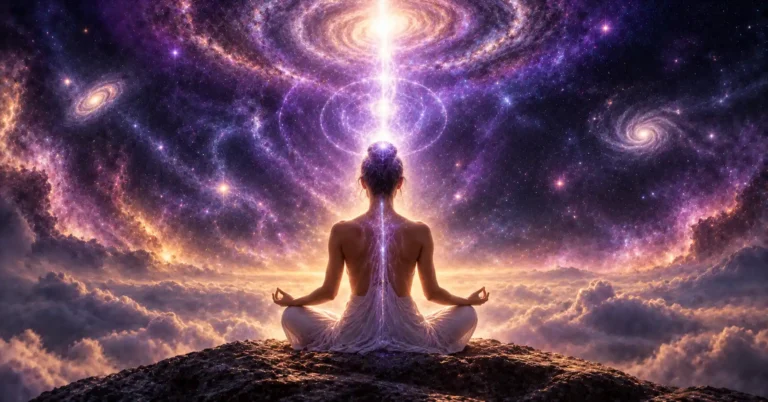 Personne assise en méditation vue de dos, colonne de lumière blanche et violette montant du sommet du crâne vers un ciel étoilé