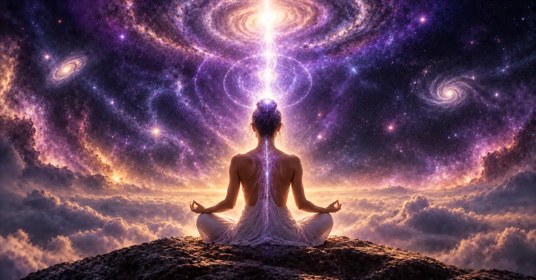 Personne assise en méditation vue de dos, colonne de lumière blanche et violette montant du sommet du crâne vers un ciel étoilé