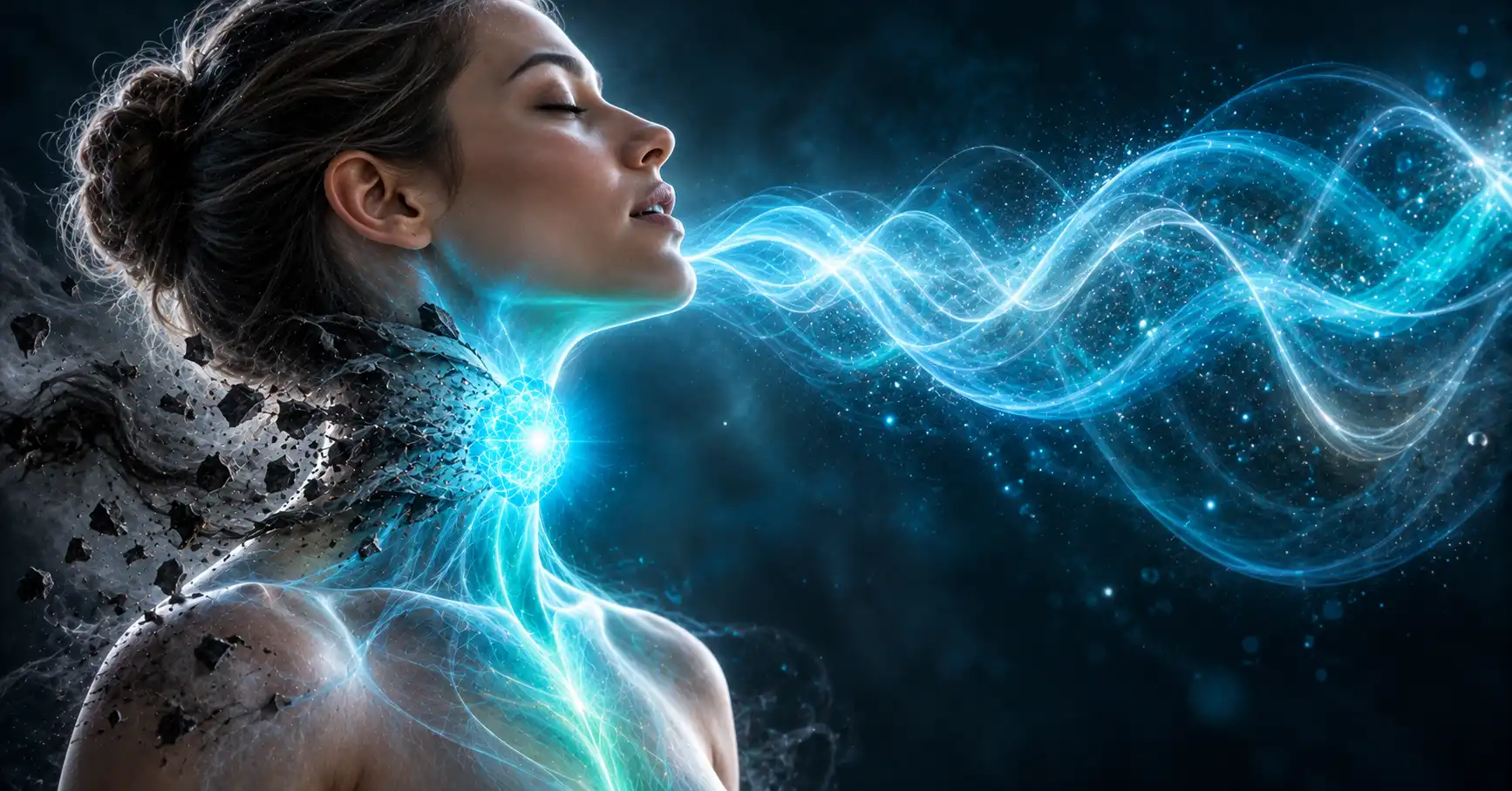 Silhouette de profil dont la gorge rayonne d'une lumière turquoise, des ondes sonores lumineuses s'en échappent