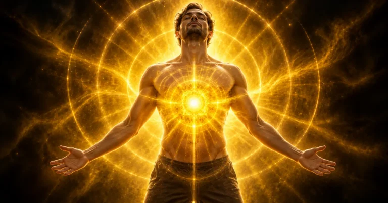 Silhouette debout, bras ouverts, dont le plexus solaire rayonne d'une lumière jaune dorée en cercles concentriques