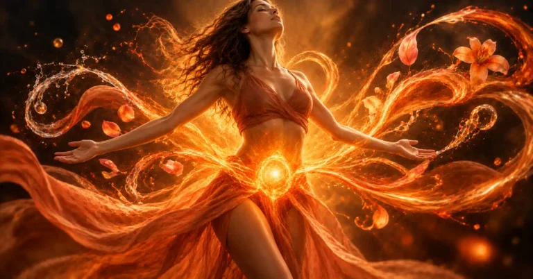 Personne bras ouverts, tête renversée, entourée de volutes orangées, d'éclaboussures d'eau et de fleurs