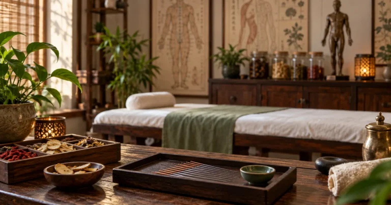 Cabinet de médecine chinoise : table de soin en bois sombre, planches d'acupuncture anciennes au mur et bocaux d'herbes séchées