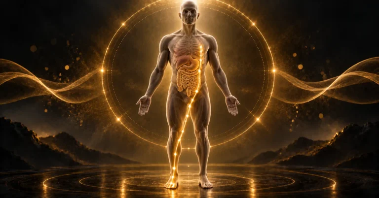 Méridien de la rate : silhouette lumineuse de face avec un tracé doré remontant la face interne de la jambe jusqu'à l'abdomen