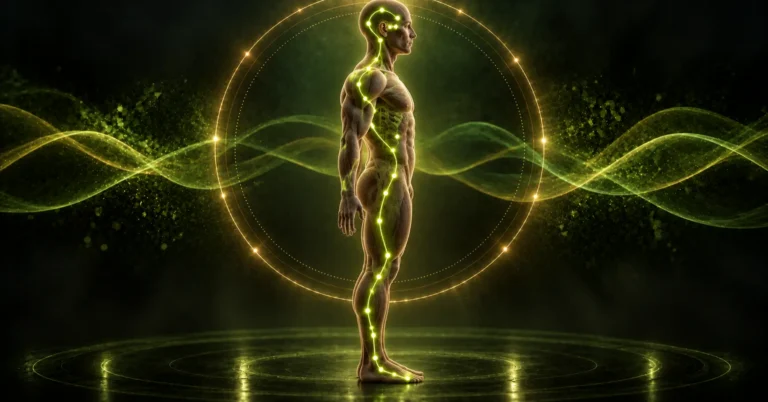 Silhouette humaine de profil sur fond vert et doré, tracé lumineux vert du méridien de la vésicule biliaire descendant de la tempe au pied en suivant le flanc