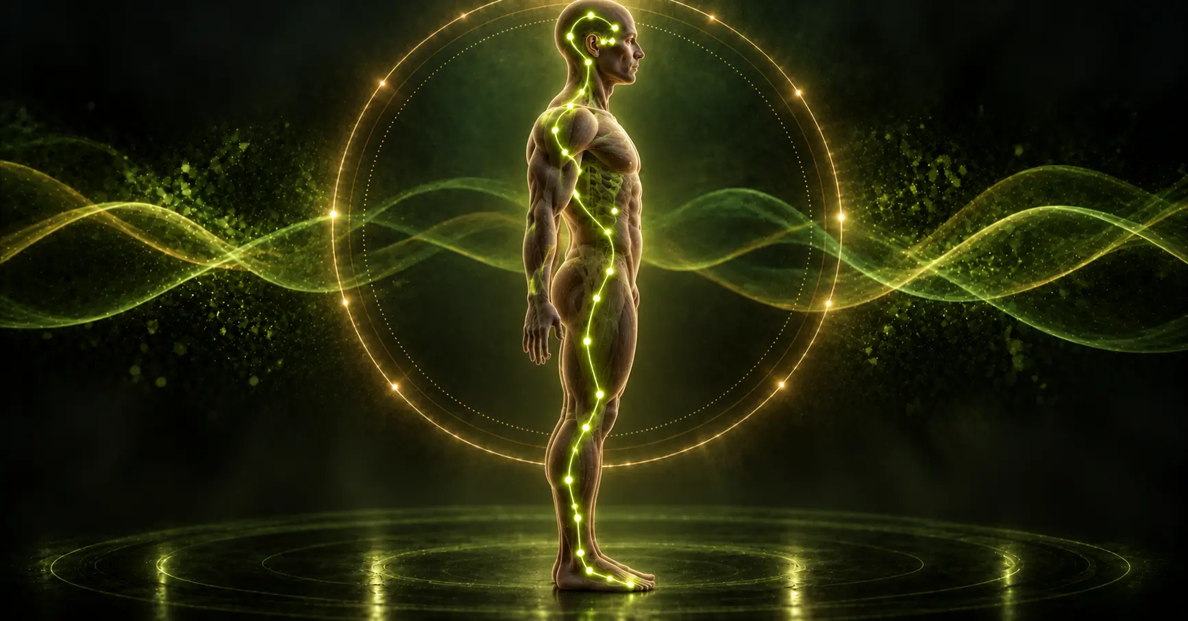 Silhouette humaine de profil sur fond vert et doré, tracé lumineux vert du méridien de la vésicule biliaire descendant de la tempe au pied en suivant le flanc
