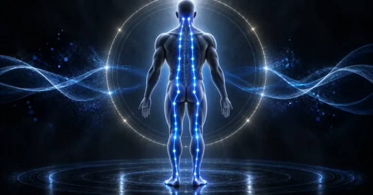 Méridien de la vessie : silhouette de dos avec deux tracés lumineux bleus descendant de part et d'autre de la colonne jusqu'aux pieds