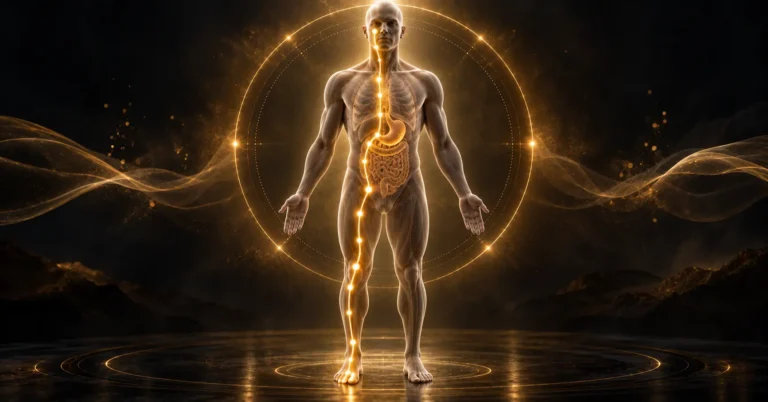 Méridien de l'estomac : silhouette lumineuse de face avec un tracé doré descendant le long du torse