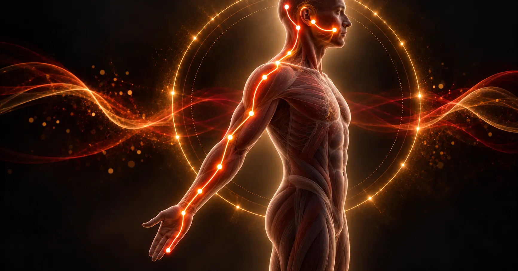 Méridien de l'intestin grêle : silhouette de profil avec un tracé lumineux orangé remontant du petit doigt jusqu'à l'oreille