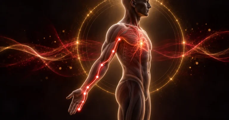 Méridien du cœur : silhouette de profil avec un tracé lumineux rouge descendant de l'aisselle jusqu'à l'auriculaire