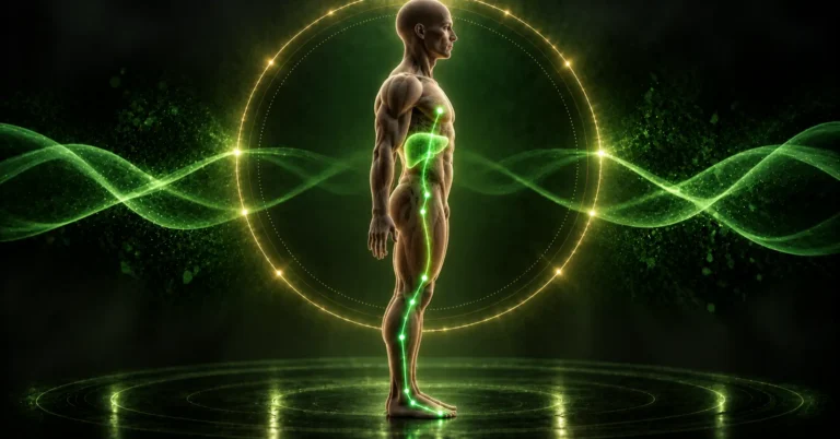 Silhouette humaine de profil sur fond vert et doré, tracé lumineux vert du méridien du foie remontant du gros orteil à la face interne de la jambe jusqu'au thorax