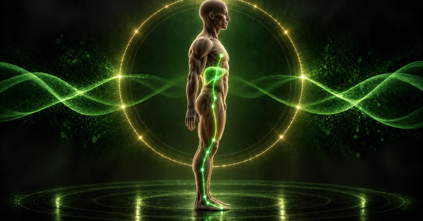 Silhouette humaine de profil sur fond vert et doré, tracé lumineux vert du méridien du foie remontant du gros orteil à la face interne de la jambe jusqu'au thorax