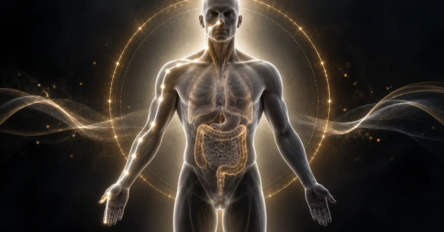 Méridien du gros intestin : silhouette lumineuse de face avec un tracé doré remontant le bras jusqu'au visage