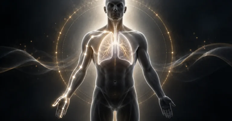 Méridien du poumon : buste lumineux de face avec des arcs de lumière et des points brillants autour du thorax et des bras