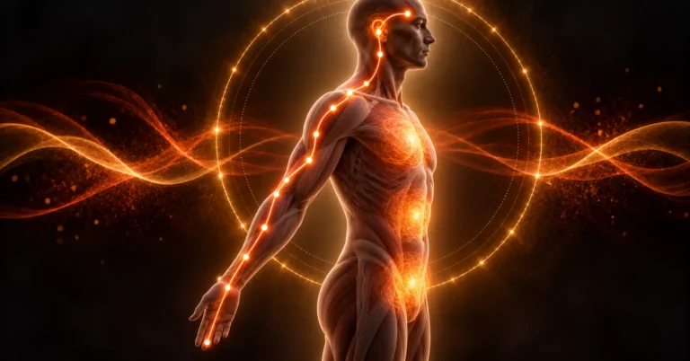 Silhouette humaine de profil, tracé orangé du méridien du triple réchauffeur de l'annulaire au sourcil et trois zones de chaleur au thorax, à l'abdomen et au bassin