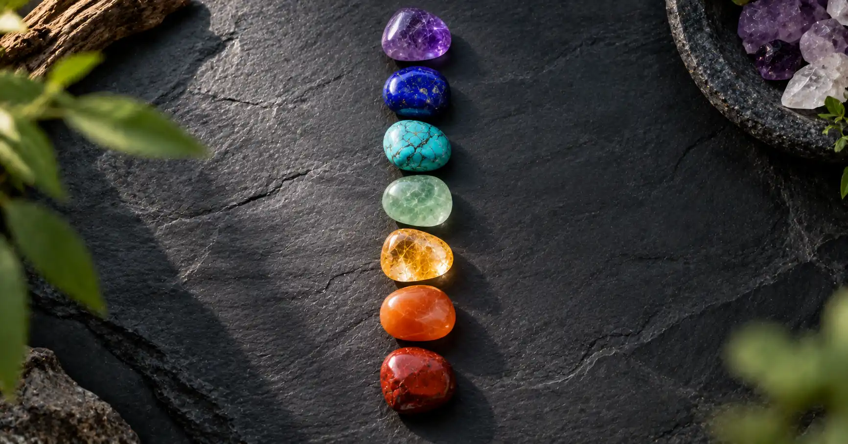 Sept pierres roulées alignées par couleur sur une ardoise sombre, une pour chaque chakra