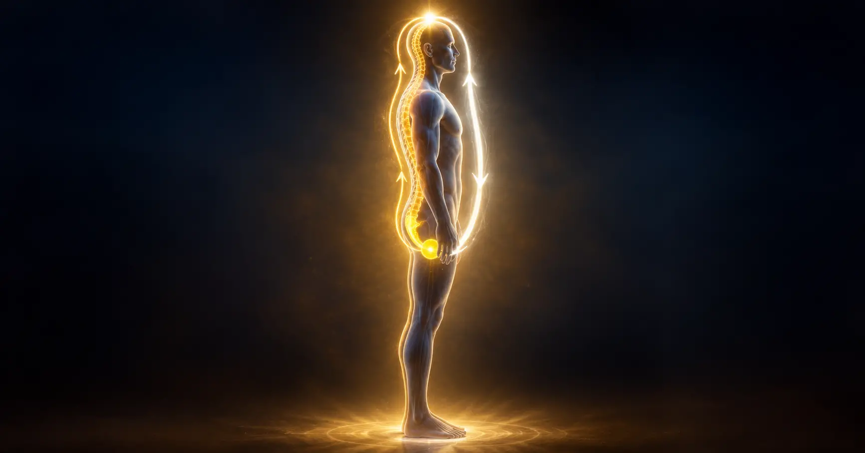 Silhouette humaine de profil sur fond sombre, deux tracés lumineux dorés formant une boucle : l'un monte le long de la colonne, l'autre redescend par l'avant du corps