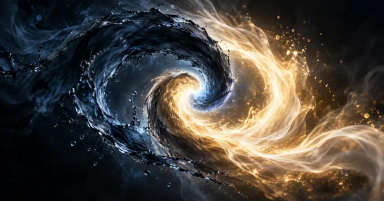 Yin et Yang illustrés par un flux d'eau sombre et un flux de feu doré qui se rencontrent au centre