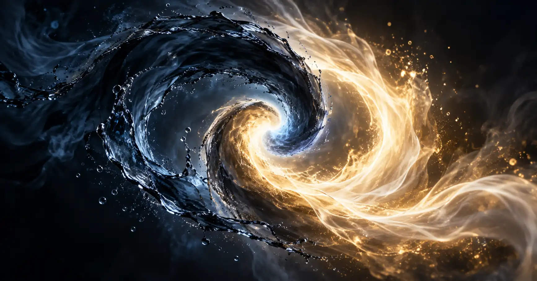 Yin et Yang illustrés par un flux d'eau sombre et un flux de feu doré qui se rencontrent au centre